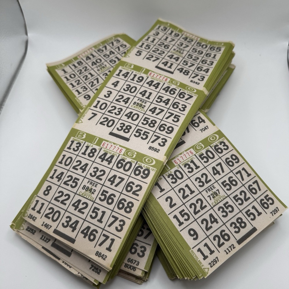 Lot of 600 Bingo Paper Cards 3 on 1 Sheets Lime Green Border ~ Arrow 1989 USA